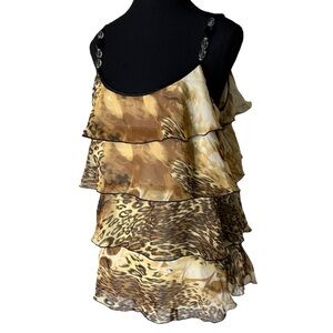LAPIS Flowy Leopard Print Layered Tank Blouse Beaded Adjustable Straps Zipper